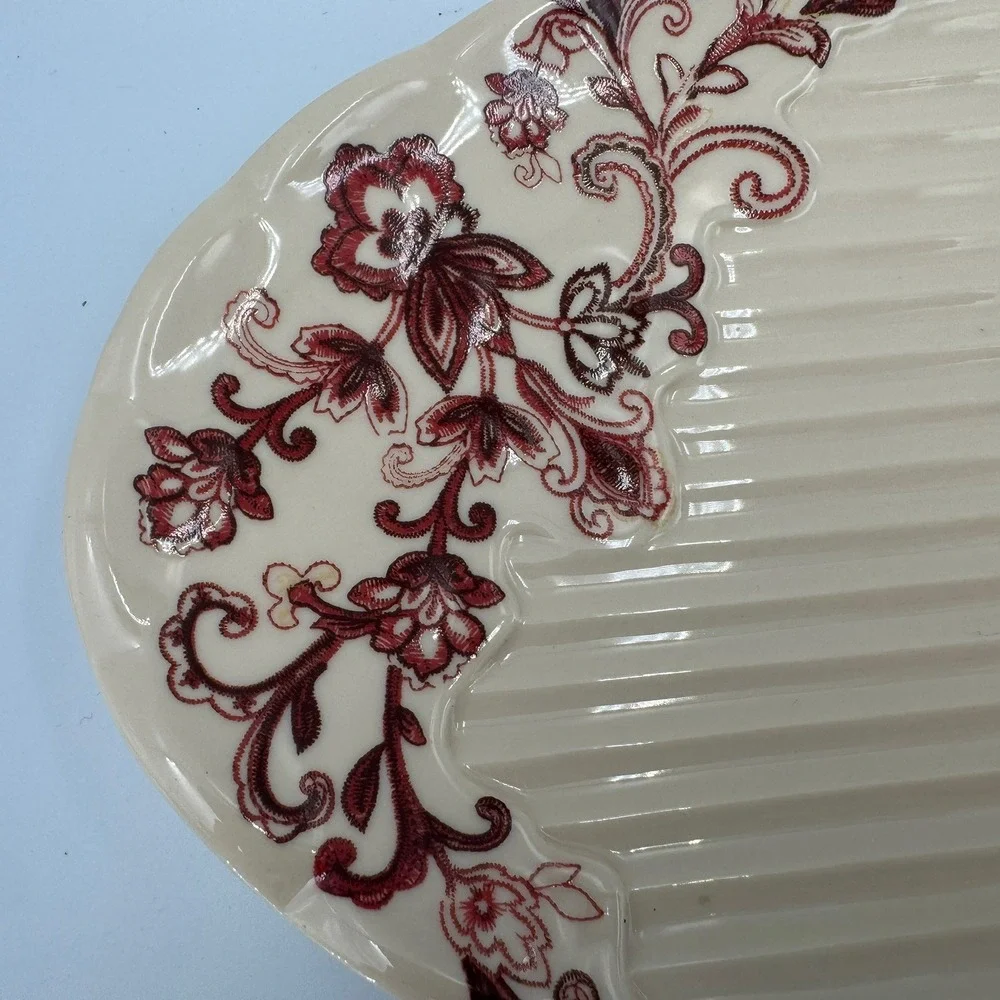 Reba Cream Ceramic Oval Serving Platter Burgundy Floral Scalloped Ribbed Serving
